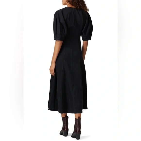 Mara Hoffman Sophie Dress Black V‑Neck Midi Dress with Puff Sleeves - Picture 2 of 11